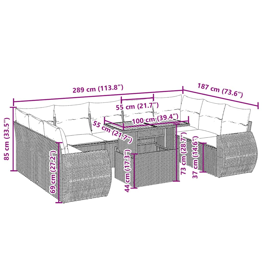 Комплект садовых диванов из 10 предметов с подушками, бежевый, полираттан