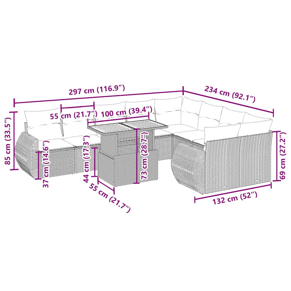 Комплект садовых диванов из 10 предметов с подушками, бежевый, полираттан