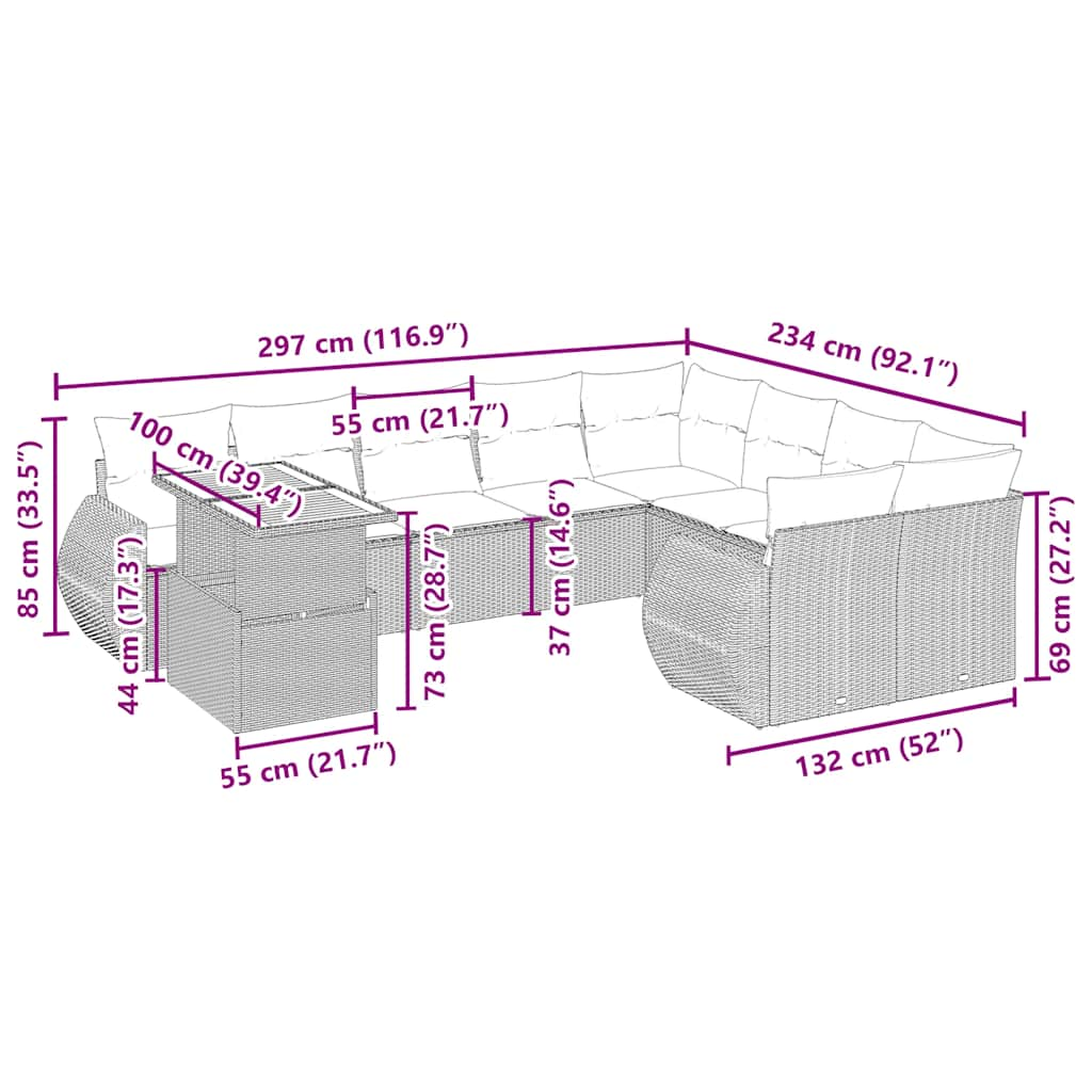 Комплект садовых диванов из 10 предметов с подушками, бежевый, полираттан