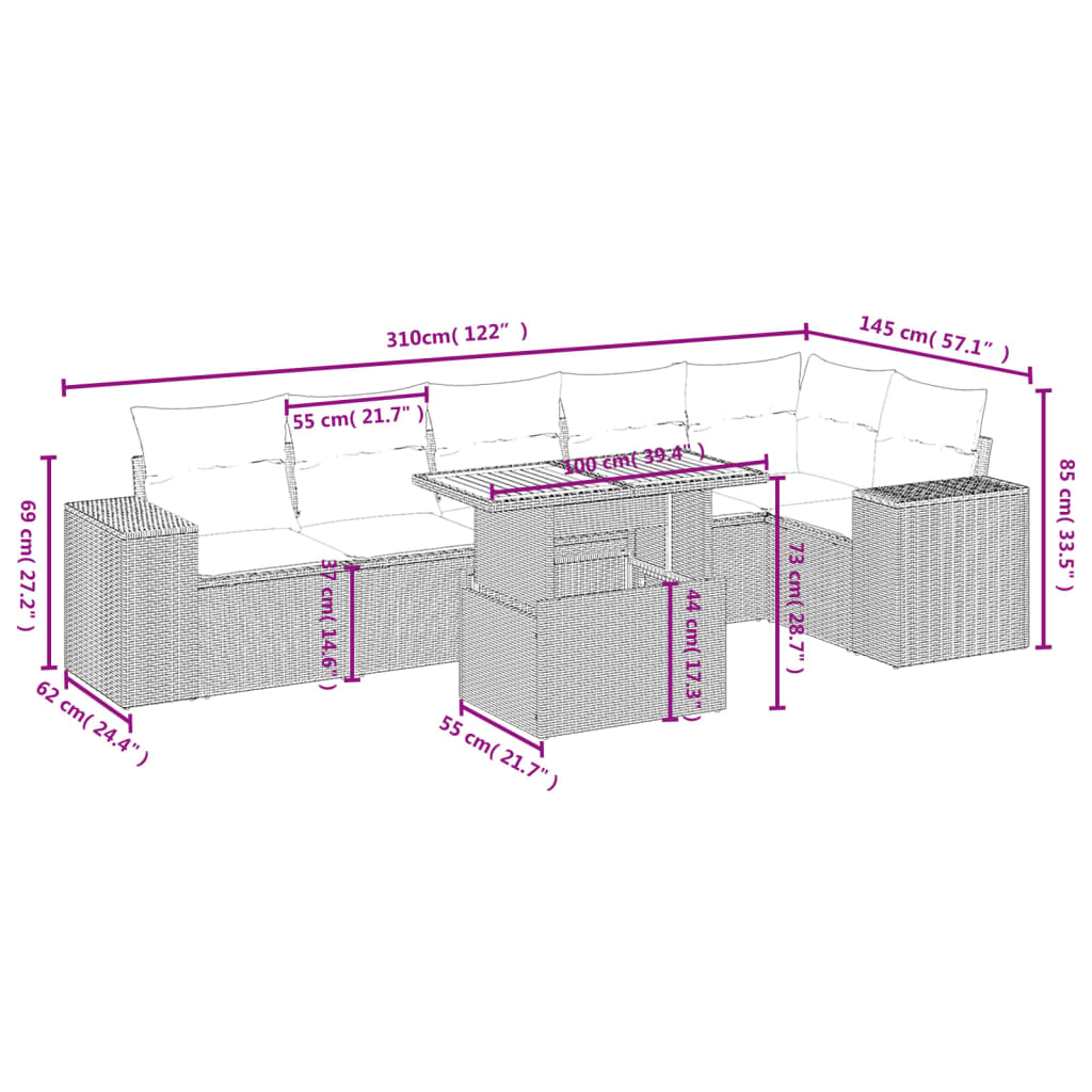 7-osaline aiadiivani komplekt patjadega, hall, polürotang