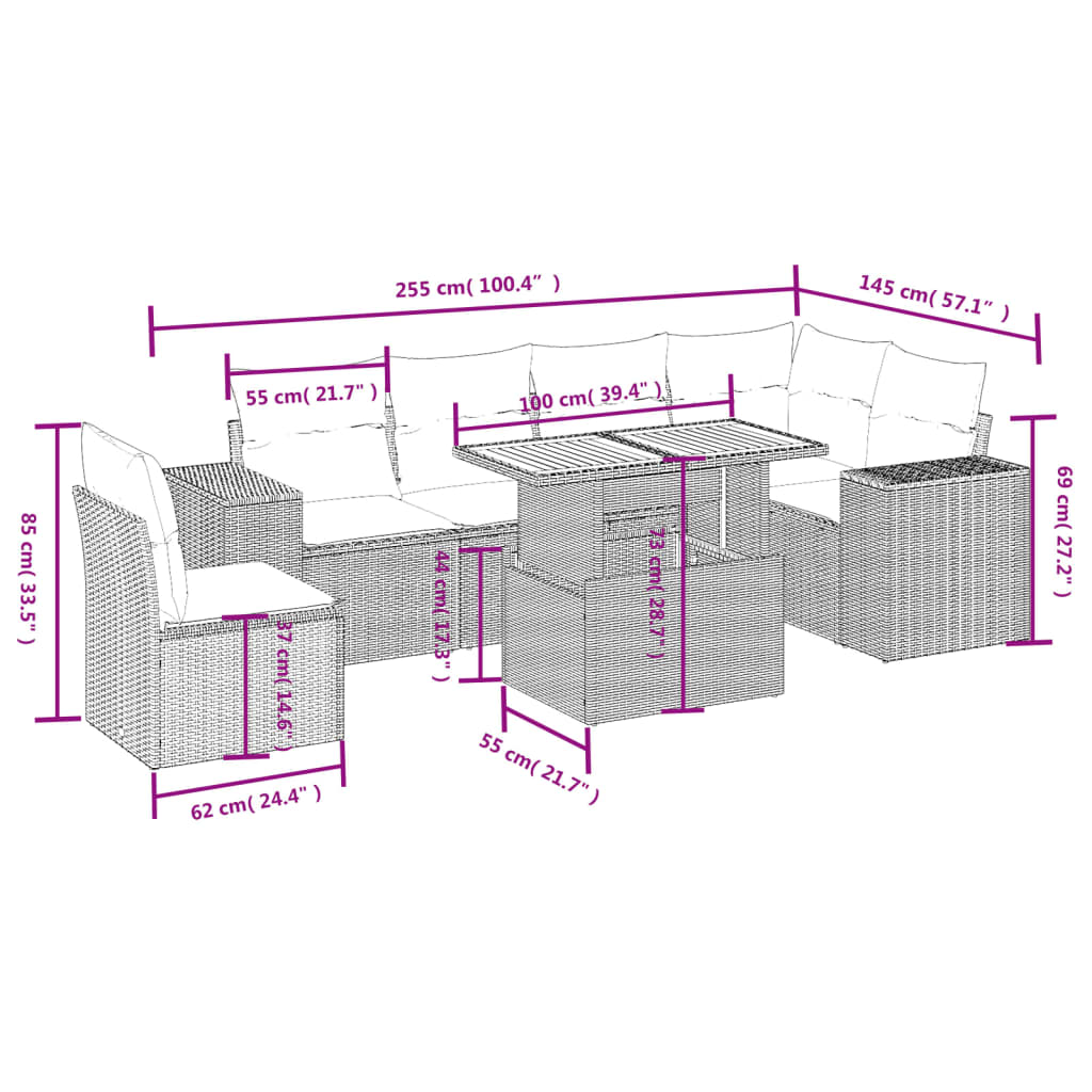 7-osaline aiadiivani komplekt patjadega, hall, polürotang