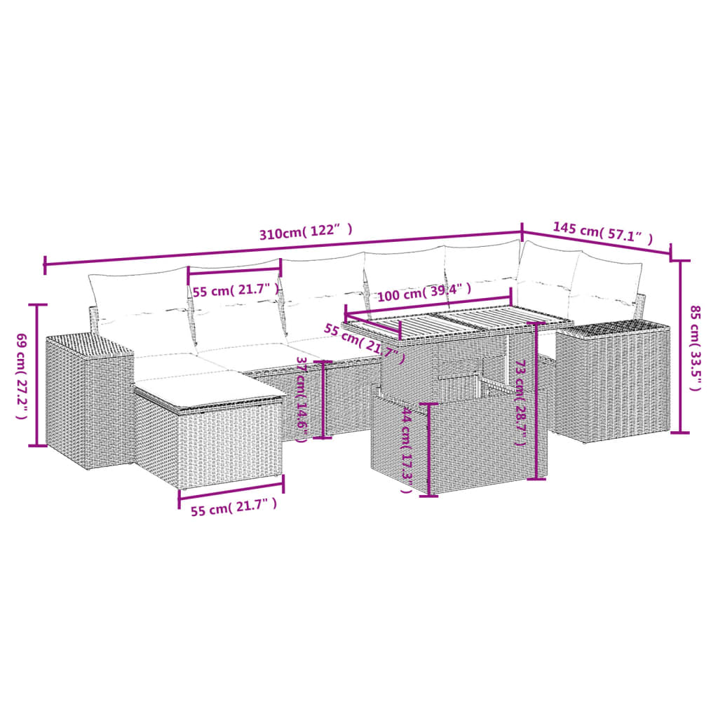 8-osaline aiadiivani komplekt patjadega, hall, polürotang