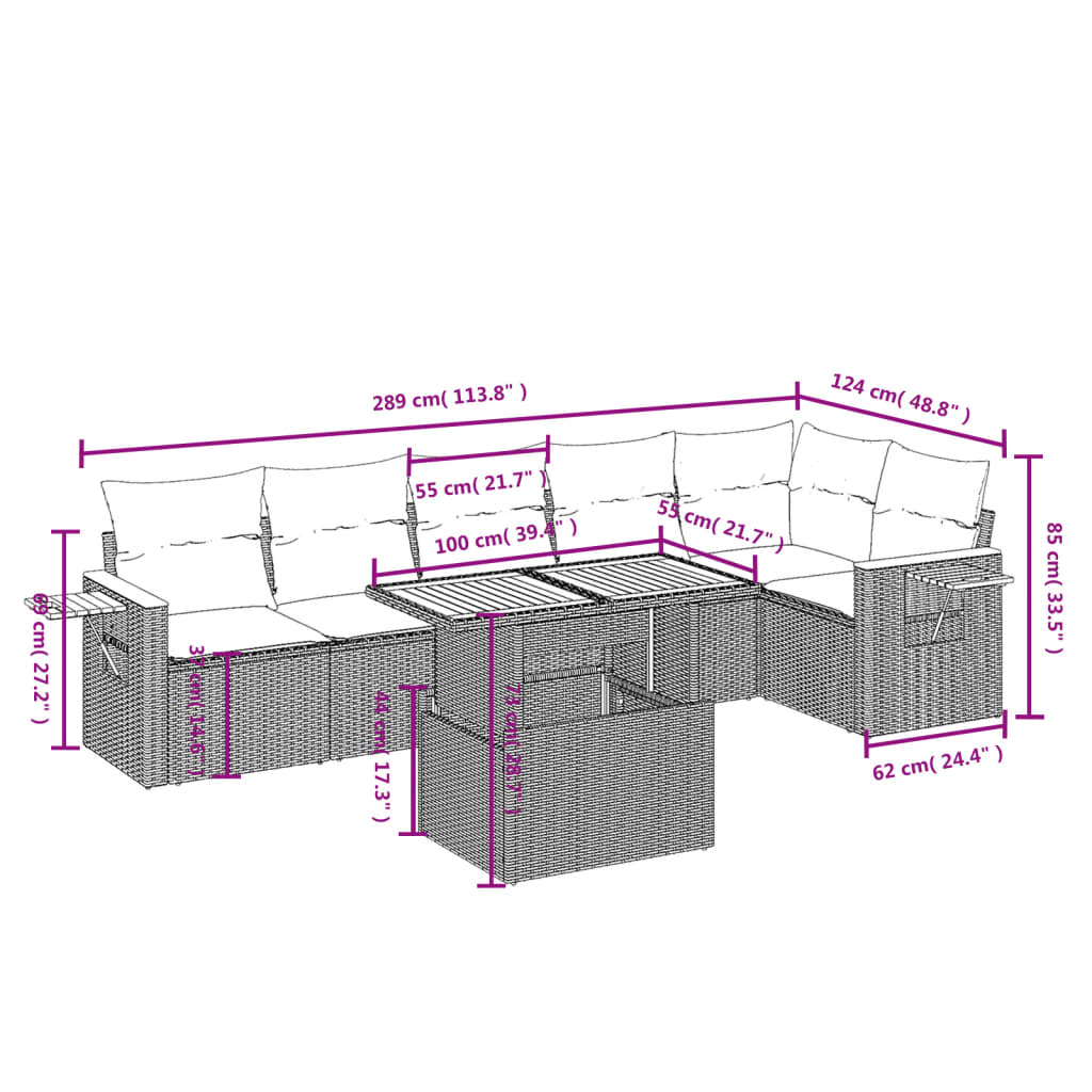 7-osaline aiadiivani komplekt patjadega, hall, polürotang