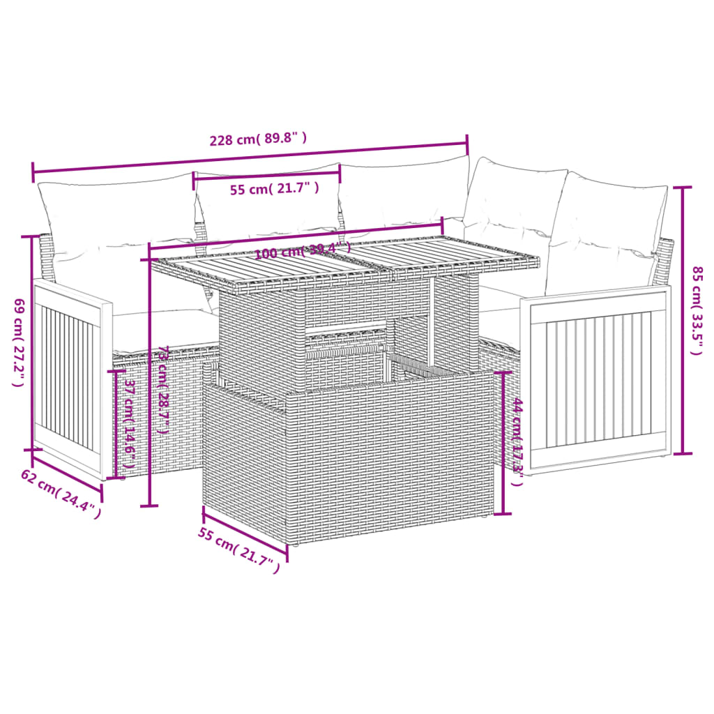 5-osaline aiamööblikomplekt istmepatjadega, polürotang, hall