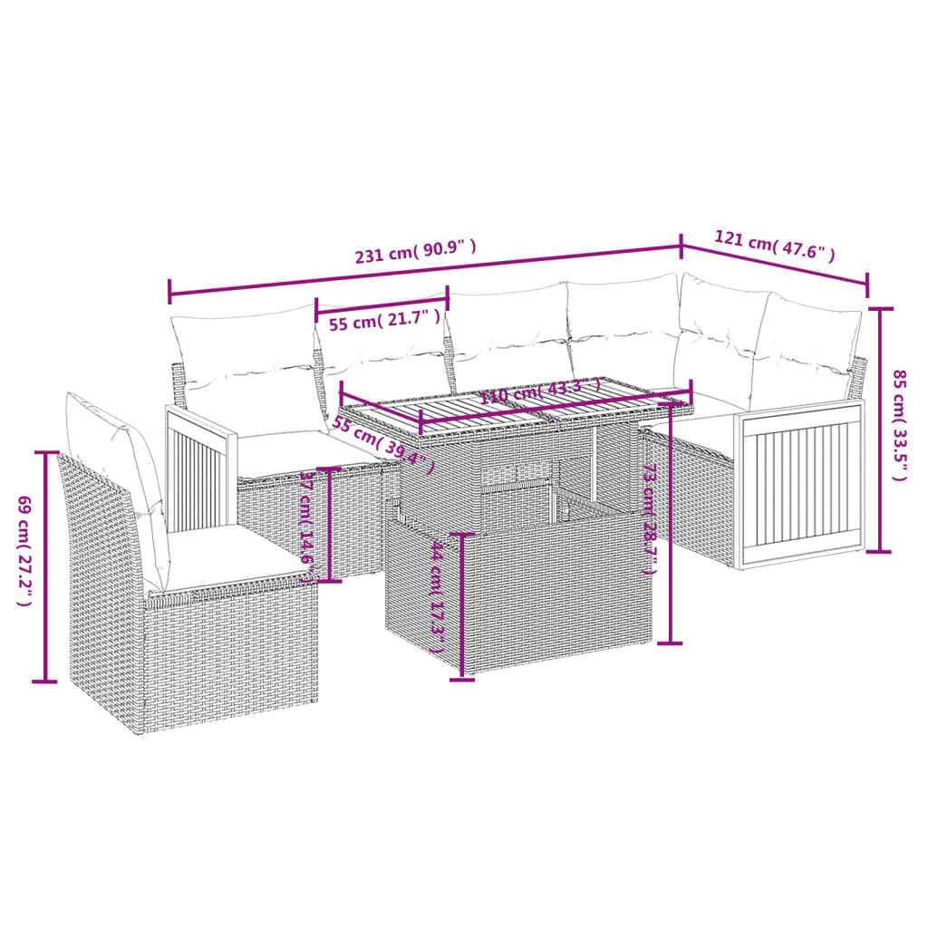 7-osaline aiadiivani komplekt patjadega, hall, polürotang