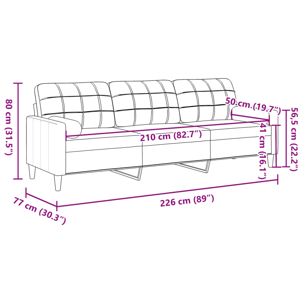 3-kohaline diivan dekoratiivpatjadega, helehall, 210 cm, samet