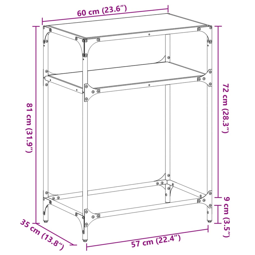 журнальный столик, прозрачная стеклянная столешница, 60x35x81 см, сталь