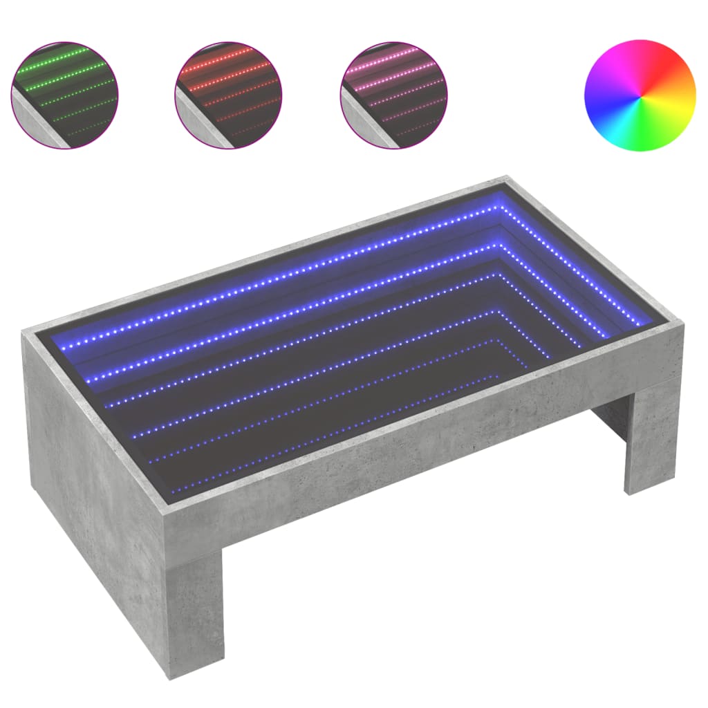 kohvilaud LED-tuledega, betoonhall, 90x50x30 cm