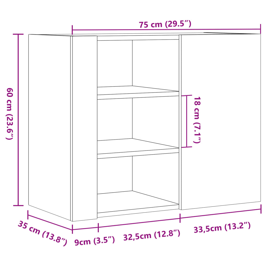 seinakapp, hall Sonoma tamm, 75 x 35 x 60 cm, tehispuit