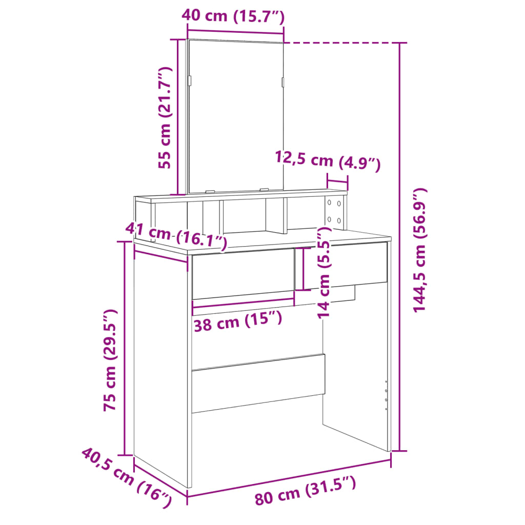 peegliga tualettlaud, must, 80x41x144,5 cm