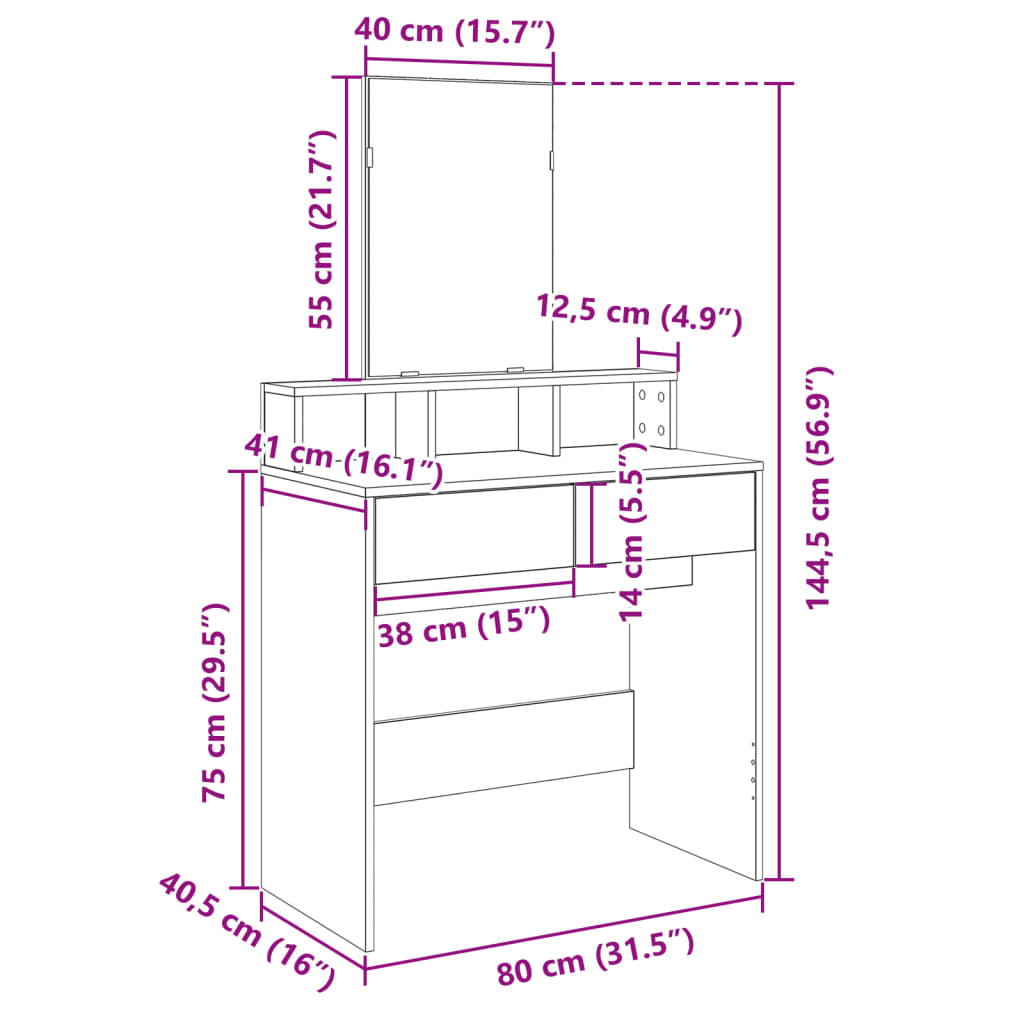 tualettlaud peegliga, suitsutatud tamm, 80x41x144,5 cm