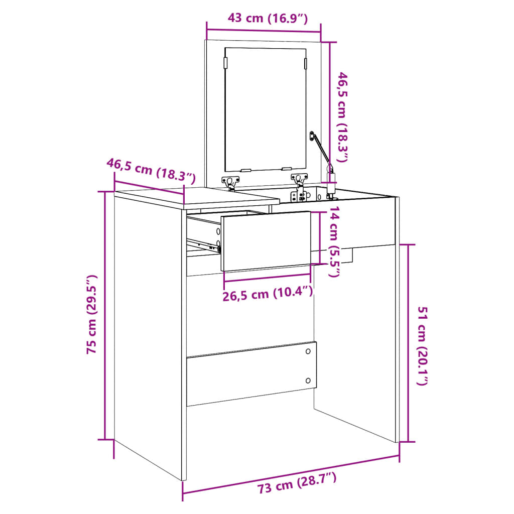 peegliga tualettlaud, hall Sonoma tamm, 73 x 46,5 x 120 cm