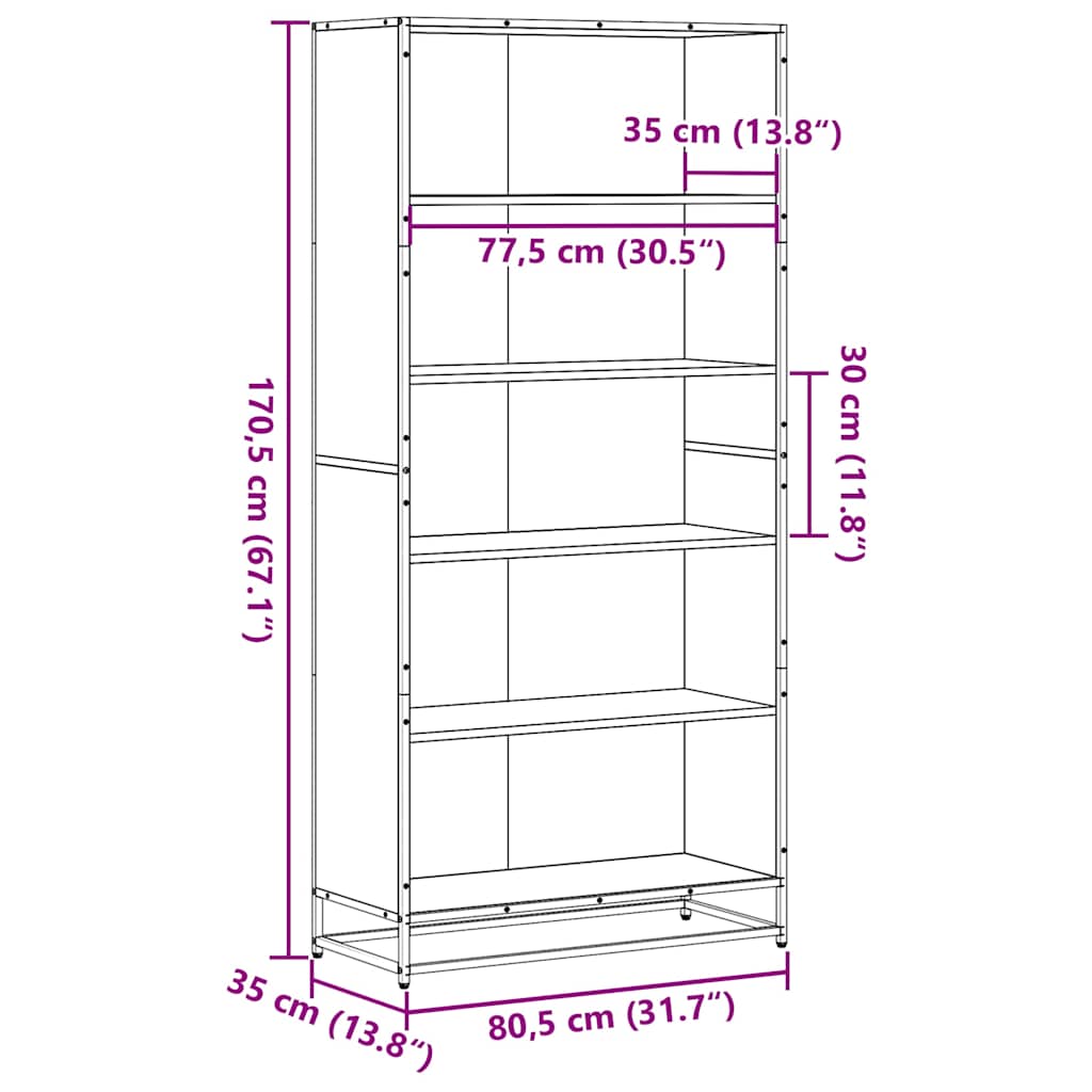 raamatualus, hall Sonoma tamm, 80,5x35x170,5 cm, tehispuit