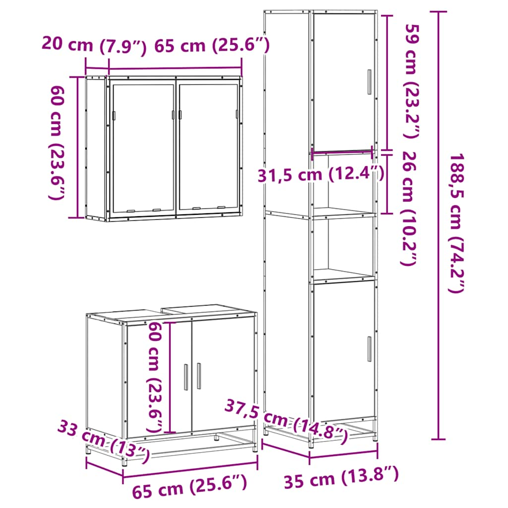 3-osaline vannitoa mööblikomplekt, must, tehispuit