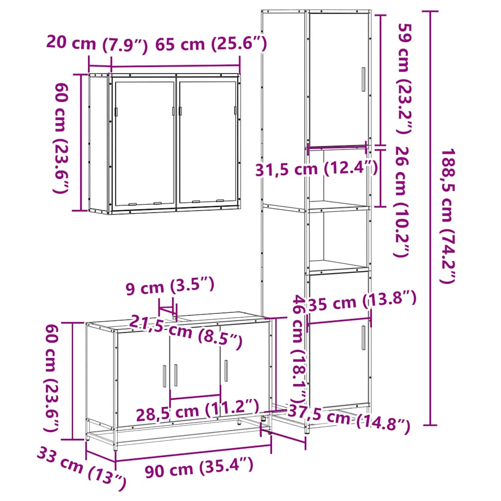 3-osaline vannitoa mööblikomplekt, suitsutatud tamm, tehispuit