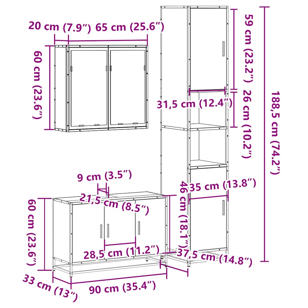 3-osaline vannitoamööbli komplekt, hall Sonoma tamm, tehispuit