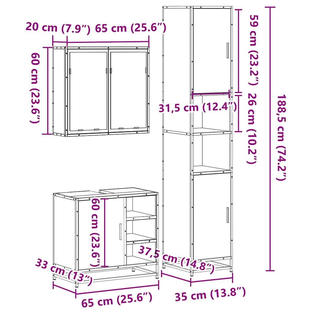 3-osaline vannitoa mööblikomplekt, must, tehispuit