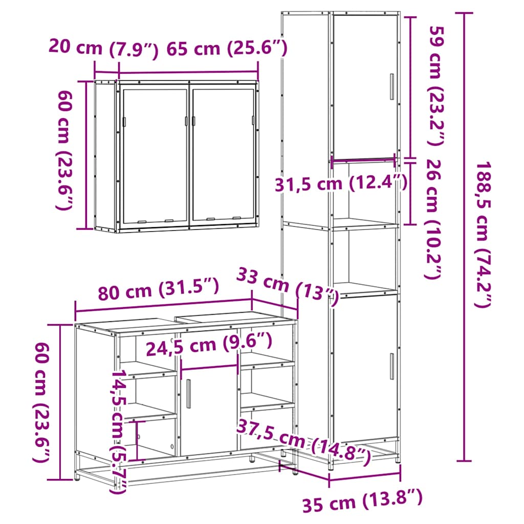 3-osaline vannitoa mööblikomplekt, must, tehispuit