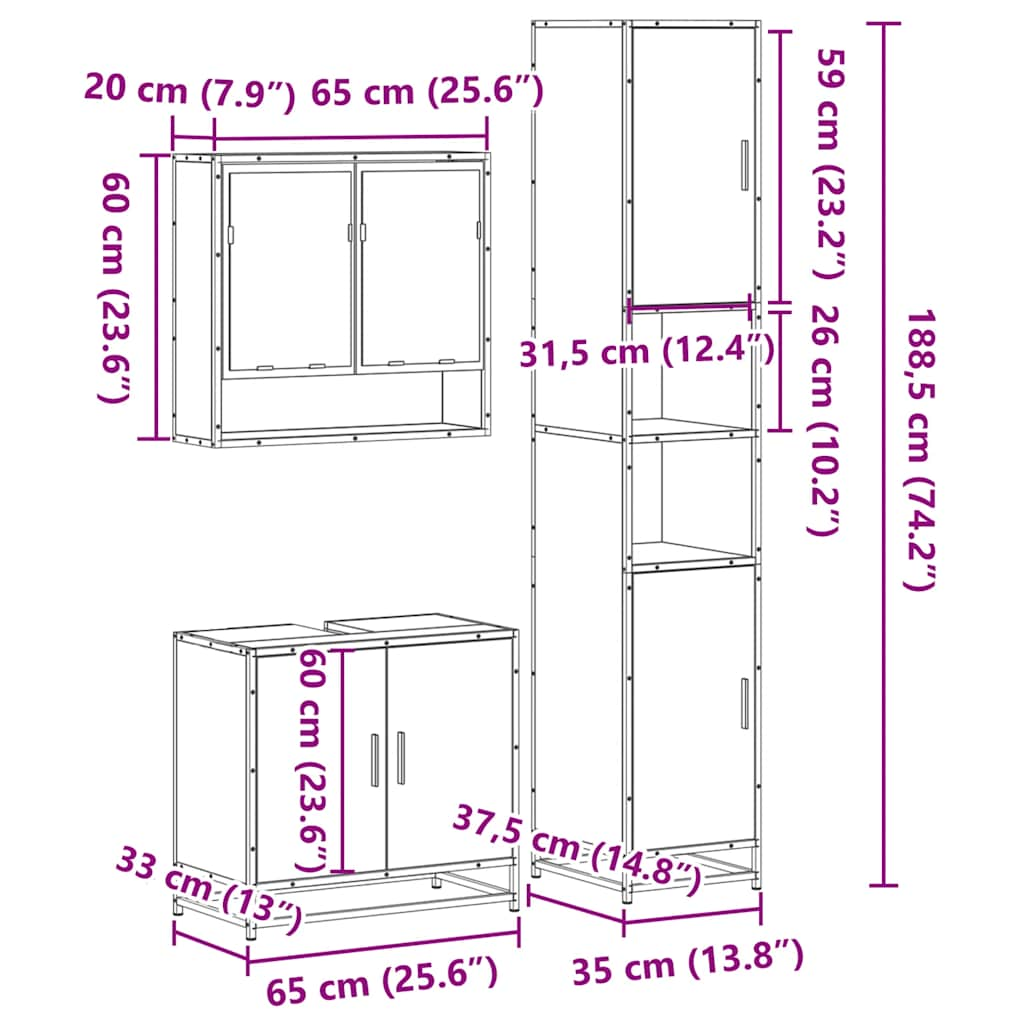 3-osaline vannitoa mööblikomplekt, must, tehispuit