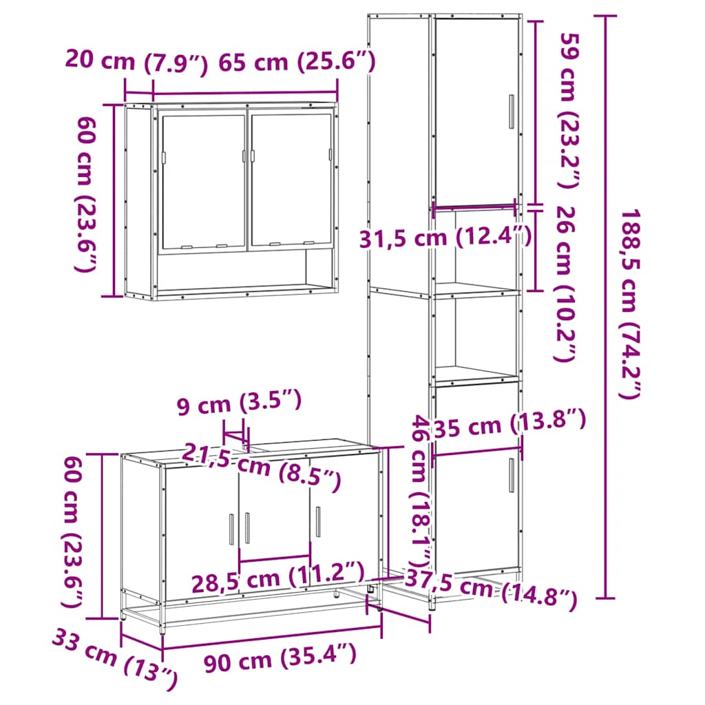 3-osaline vannitoa mööblikomplekt, must, tehispuit