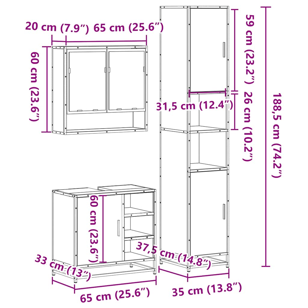 3-osaline vannitoa mööblikomplekt, must, tehispuit