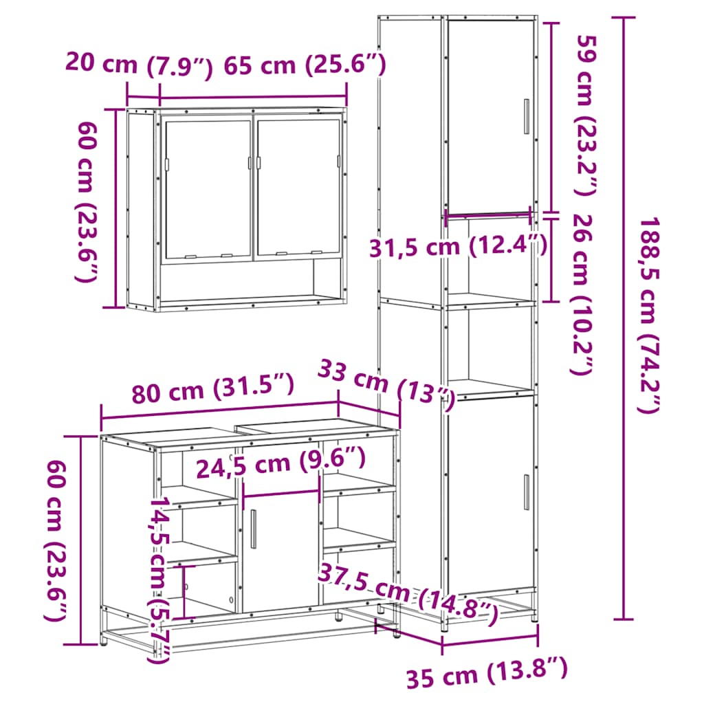 3-osaline vannitoa mööblikomplekt, Sonoma tamm, tehispuit