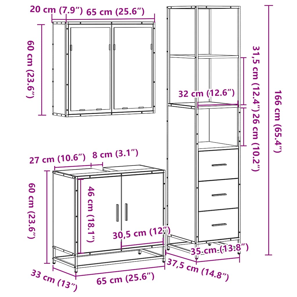 3-osaline vannitoa mööblikomplekt, suitsutatud tamm, tehispuit