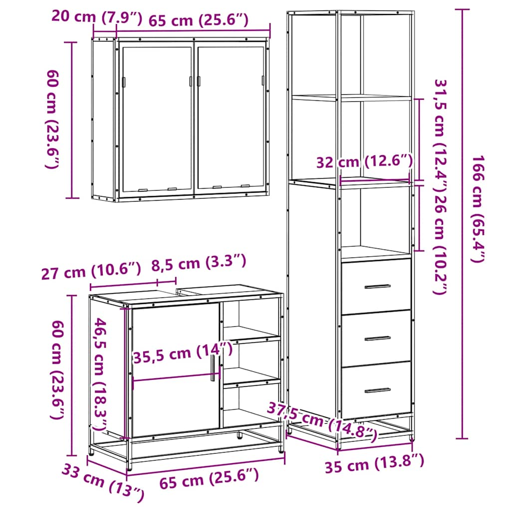 3-osaline vannitoa mööblikomplekt, suitsutatud tamm, tehispuit