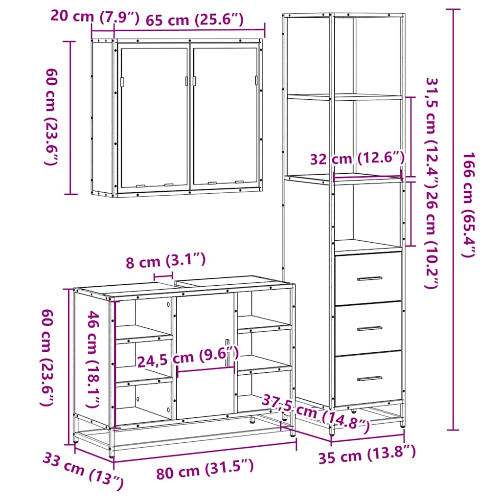 3-osaline vannitoa mööblikomplekt, must, tehispuit