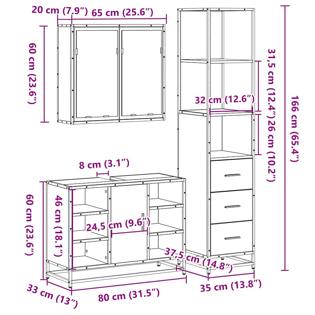 3-osaline vannitoa mööblikomplekt, suitsutatud tamm, tehispuit