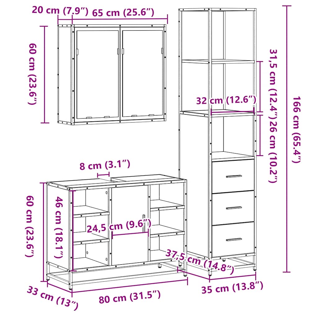 3-osaline vannitoamööbli komplekt, hall Sonoma tamm, tehispuit