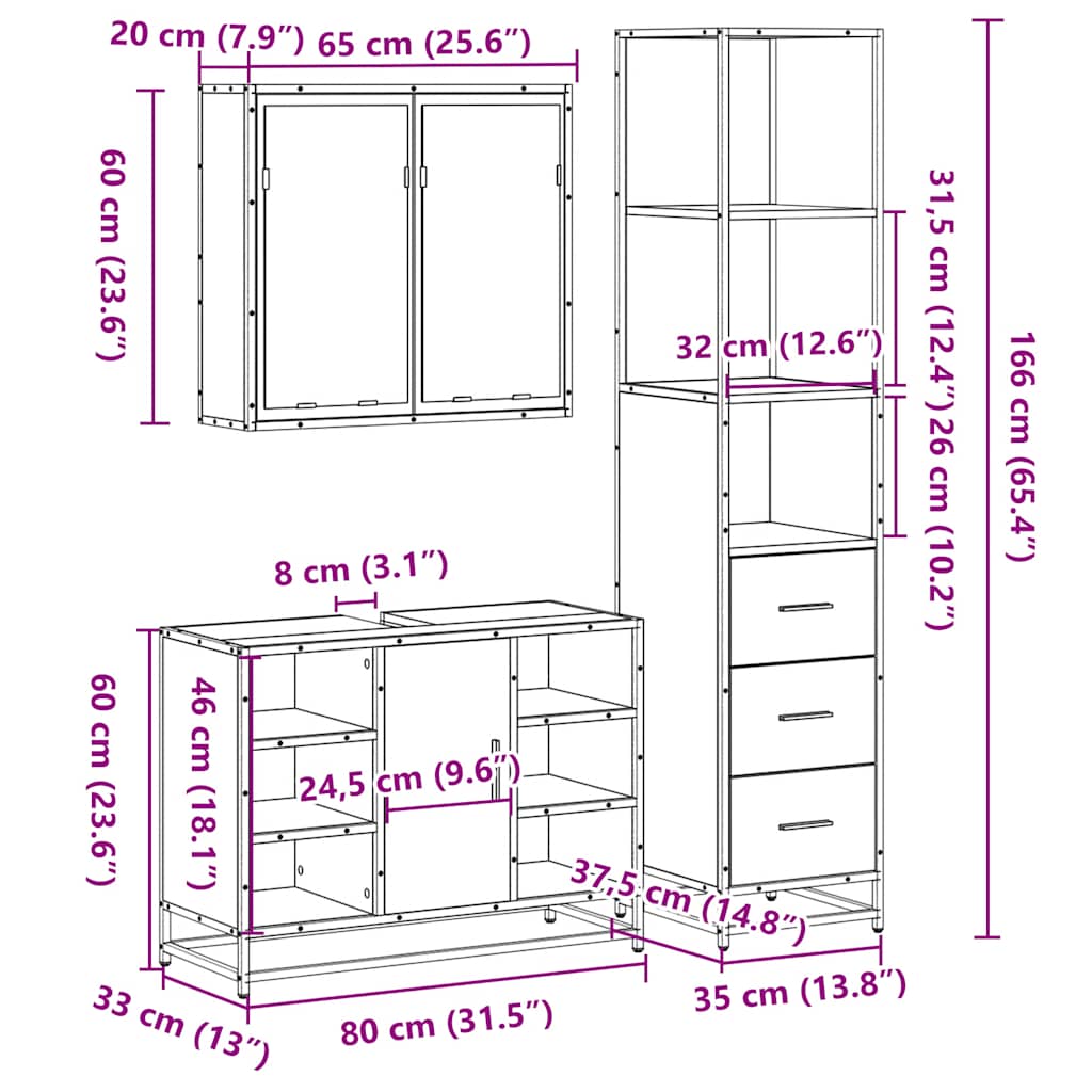 3-osaline vannitoa mööblikomplekt, pruun tamm, tehispuit