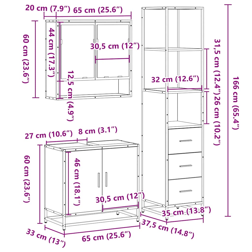 3-osaline vannitoa mööblikomplekt, suitsutatud tamm, tehispuit