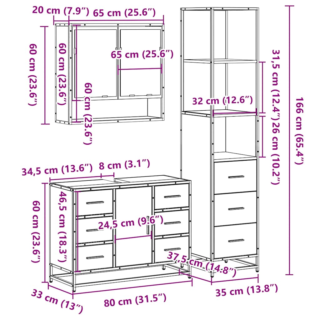 3-osaline vannitoamööbli komplekt, hall Sonoma tamm, tehispuit