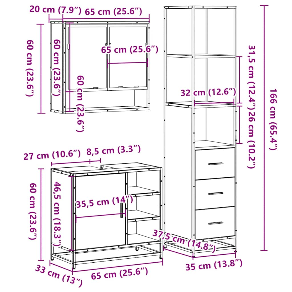 3-osaline vannitoa mööblikomplekt, must, tehispuit