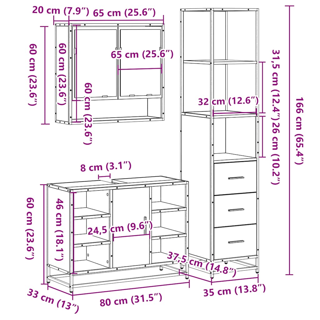 3-osaline vannitoa mööblikomplekt, must, tehispuit