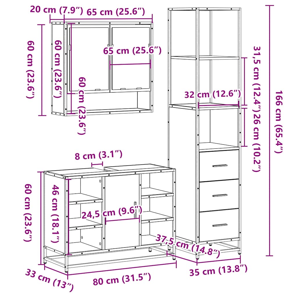 3-osaline vannitoamööbli komplekt, hall Sonoma tamm, tehispuit