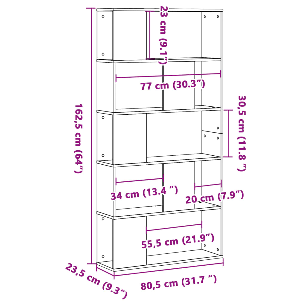 raamaturiiul 5 korrust, betoonhall, 80,5x23,5x162,5cm tehispuit