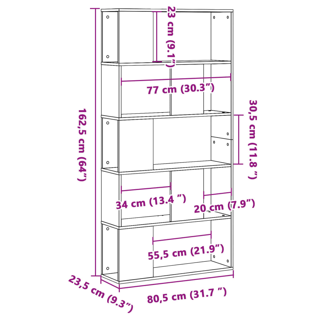 raamaturiiul 5 korrust suitsutamm 80,5x23,5x162,5 cm tehispuit