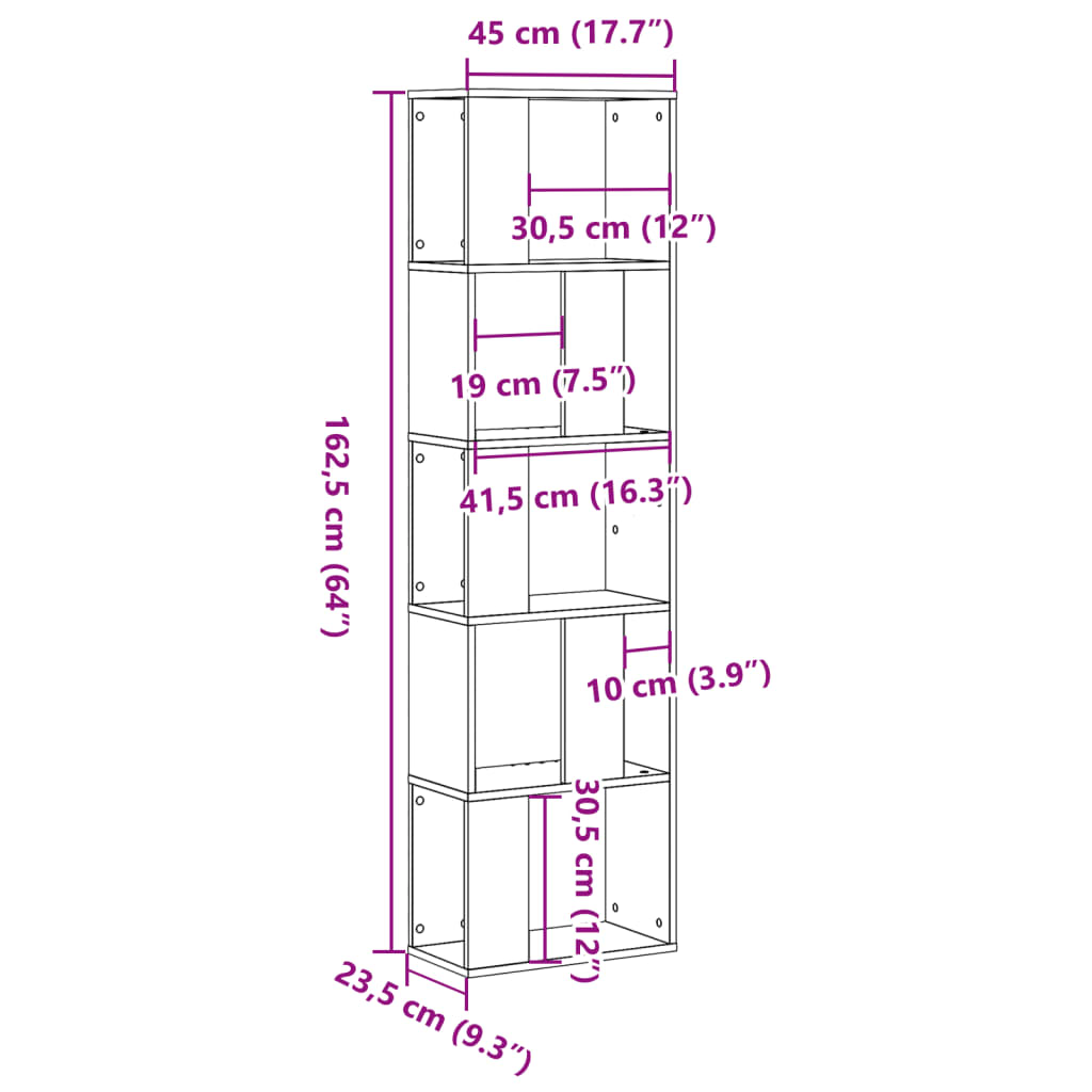 raamaturiiul 5 korrust, pruun tamm, 45x23,5x162,5 cm tehispuit