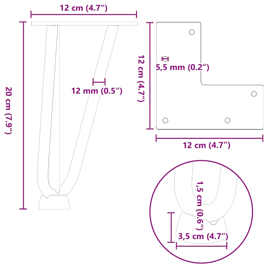 Juuksenõela jalad diivanilauale 4 tk, antratsiit, 20 cm