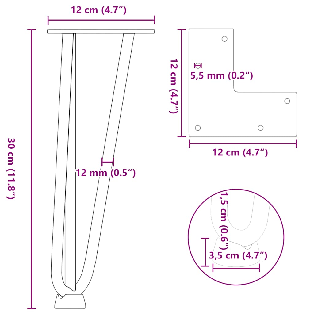 Juuksenõela jalad diivanilauale 4 tk, must, 30 cm, täisterasest