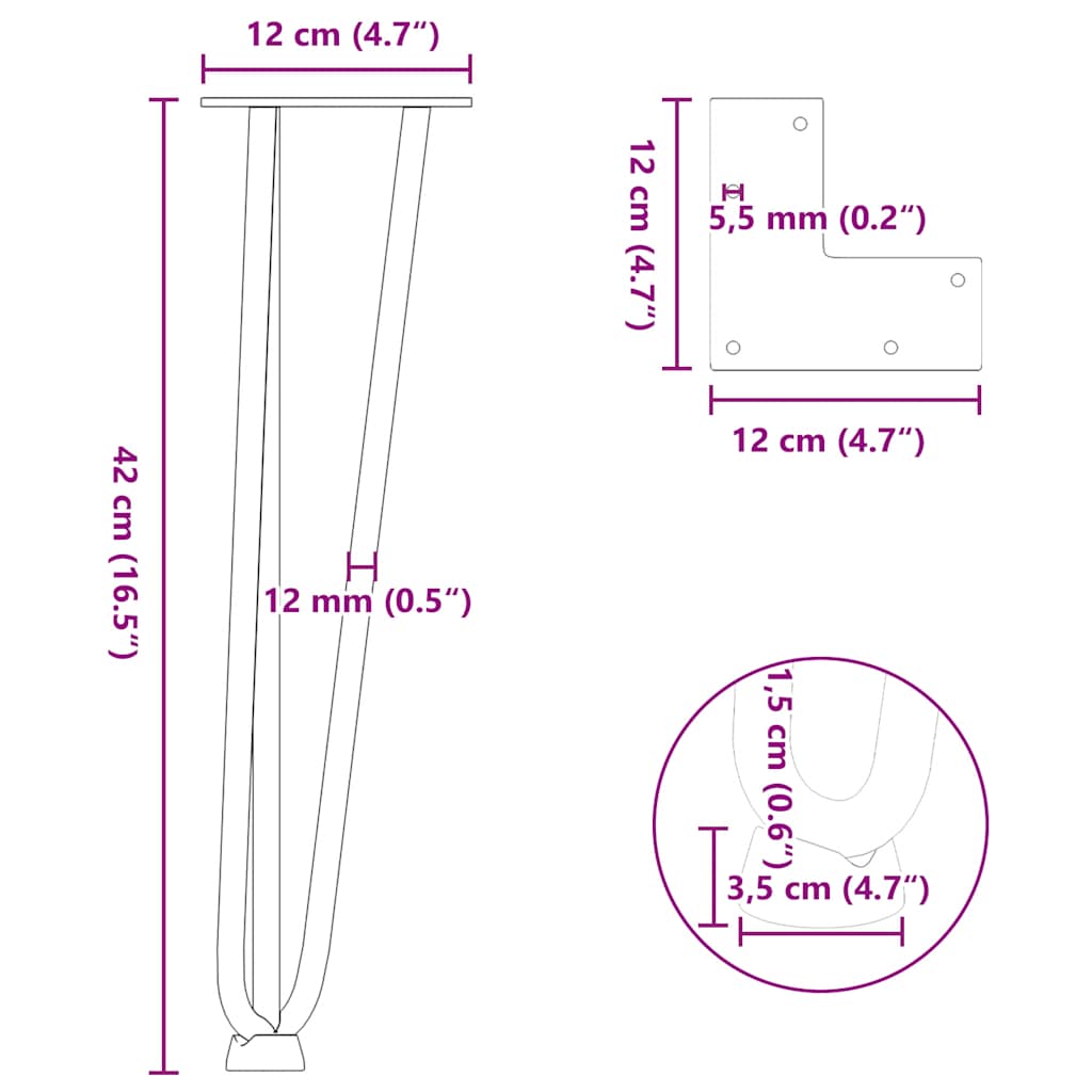 Juuksenõela jalad diivanilauale 4 tk, antratsiit, 42 cm