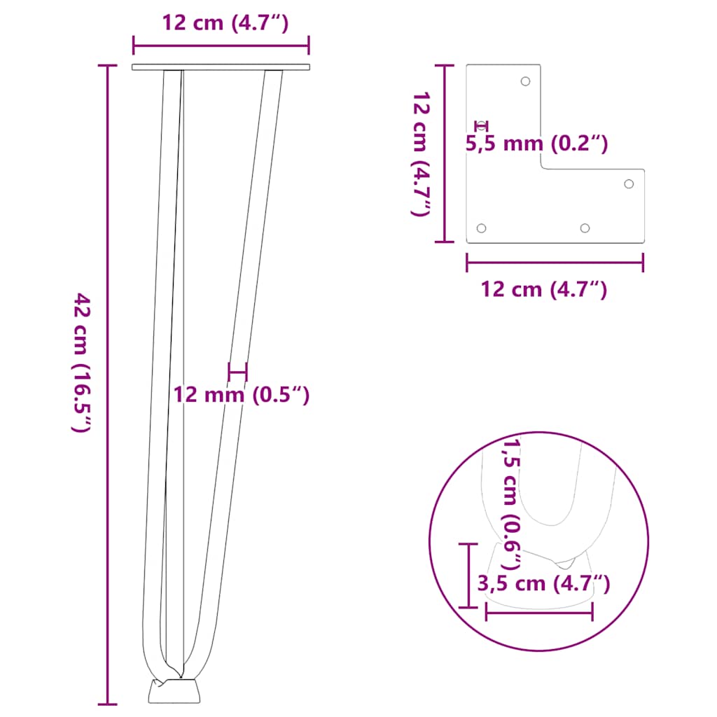 Juuksenõela jalad diivanilauale 4 tk, naturaalne teras, 42 cm