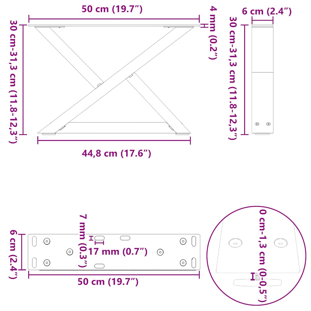 Diivanilaua jalad 2 tk Must 50x(30-31,3) cm Teras