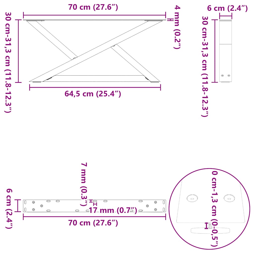 Ножки журнального столика 2 шт. Антрацит 70x(30-31.3) см Сталь