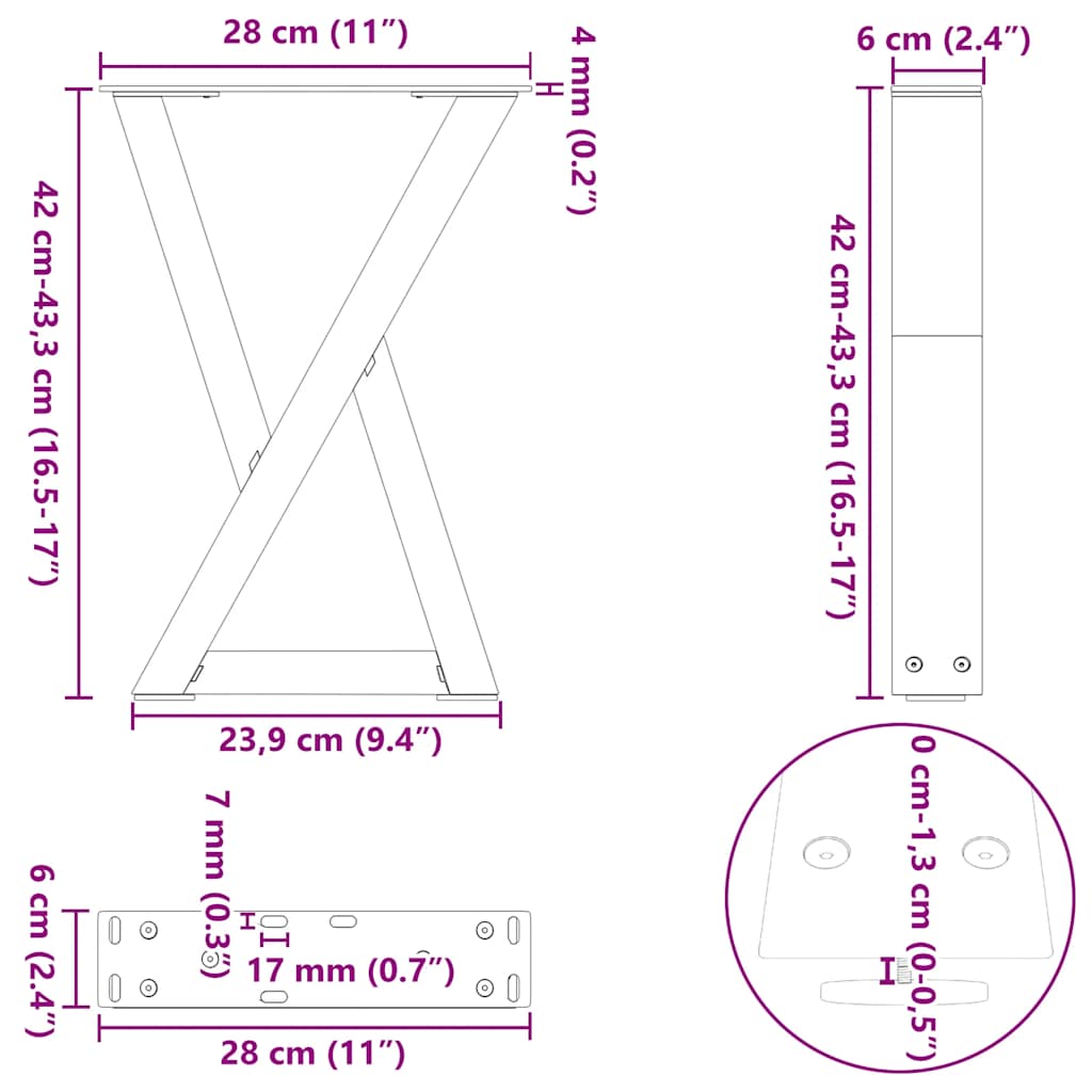 Diivanilaua jalad 2 tk Must 28x(42-43,3) cm Teras