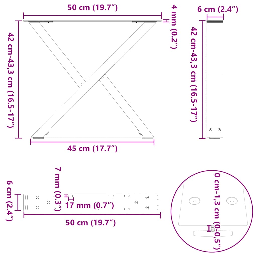 Diivanilaua jalad 2 tk Must 50x(42-43,3) cm Teras