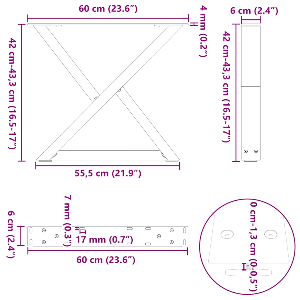 Diivanilaua jalad 2 tk Must 60x(42-43,3) cm Teras