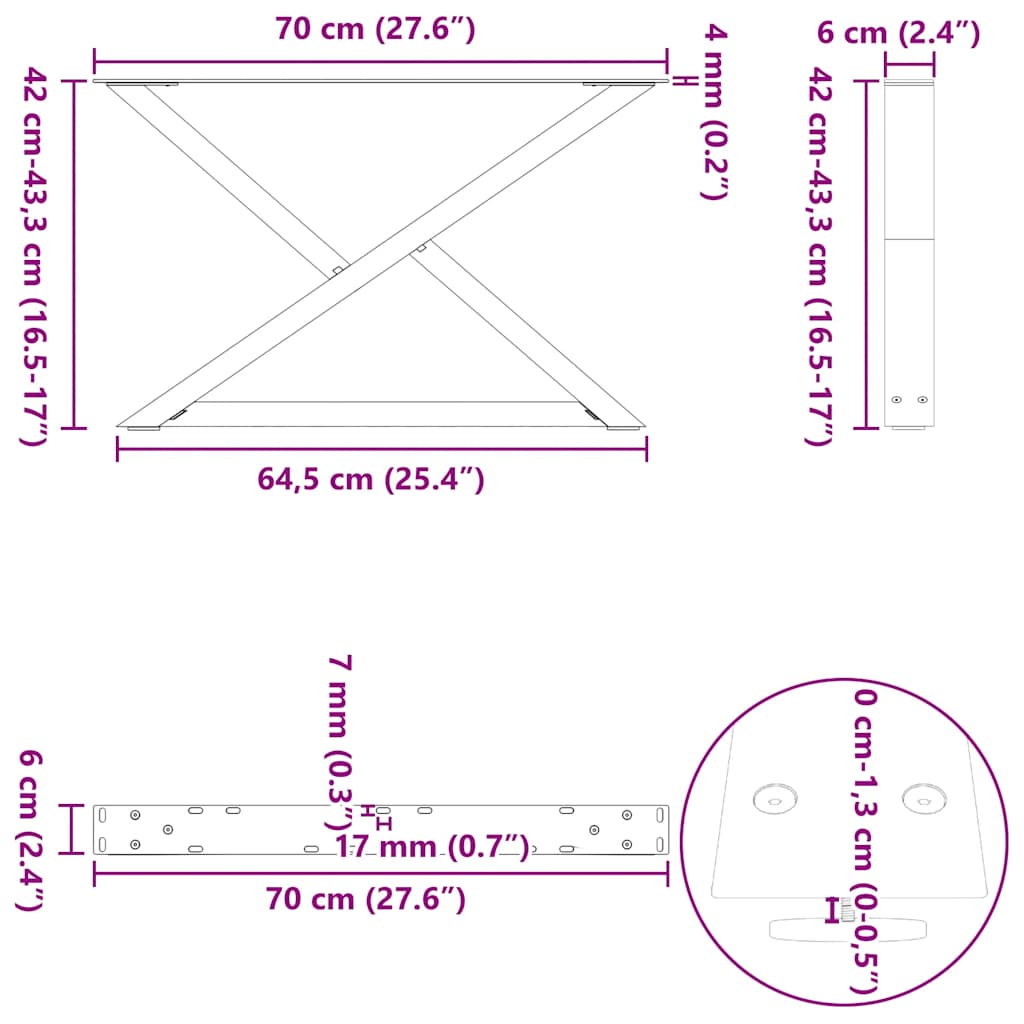 Diivanilaua jalad 2 tk Must 70x(42-43,3) cm Teras